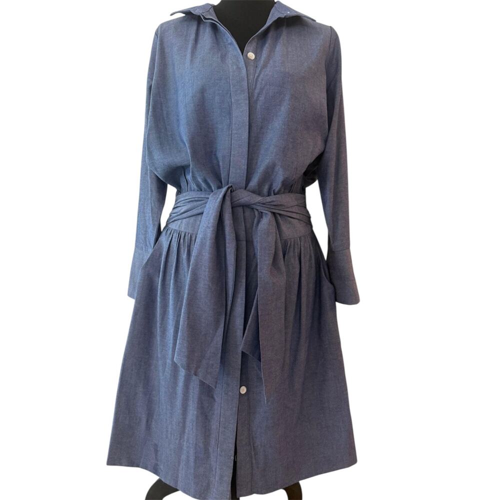 Gretchen Scott Breezy Blouson Chambray Blue Tie Waist Pockets Shirt Dress M - Picture 2 of 12